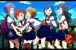  bag black_hair blue_hair blush braid brown_hair canteen hum_desu ibuki_tsubasa idolmaster idolmaster_million_live! julia_(idolmaster) letterboxed long_hair makabe_mizuki multiple_girls nanao_yuriko open_mouth pleated_skirt purple_hair red_eyes school_uniform serafuku short_hair skirt smile star striped striped_legwear takayama_sayoko yellow_eyes 