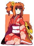  absurdres arms_at_sides bangs beads blue_eyes blunt_bangs blush closed_mouth eyebrows eyebrows_visible_through_hair floral_print flower full_body hair_beads hair_flower hair_ornament highres idolmaster idolmaster_(classic) japanese_clothes kimono kurumitsu long_sleeves looking_away obi orange_hair print_kimono red_kimono rounded_corners sash seiza sidelocks sitting sleeves_past_wrists smile solo sunflower sunflower_hair_ornament takatsuki_yayoi twintails white_background wide_sleeves yukata 