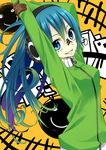  arms_up artist_request blue_eyes eyebrows_visible_through_hair gloves gradient_eyes gradient_hair grin hatsune_miku headphones highres hood hoodie long_hair looking_at_viewer matryoshka_(vocaloid) multicolored multicolored_background multicolored_eyes multicolored_hair open_mouth smile solo source_request vocaloid white_skin 