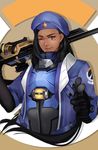  alternate_costume ana_(overwatch) beret black_gloves black_hair blue_jacket brown_background brown_eyes captain_amari dark_skin emblem eyepatch facial_mark facial_tattoo finger_gun gloves gun hat holding holding_gun holding_weapon iceky jacket light_smile lips long_hair looking_at_viewer military military_uniform nose one_eye_closed overwatch pointing pointing_at_viewer rifle shadow sniper_rifle solo tattoo uniform upper_body weapon younger 