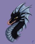  ambiguous_gender black_scales dorak dragon feral headshot horn oksara open_mouth purple_background scales simple_background smile solo teeth tongue yellow_eyes 