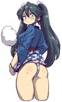  ass back black_eyes black_hair blush breasts from_behind fundoshi happi isuzu_(kantai_collection) japanese_clothes kantai_collection long_hair looking_at_viewer looking_back medium_breasts mizuno_(okn66) simple_background solo sweatdrop white_background 