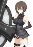  boots breasts brown_eyes brown_hair commentary_request cosplay dress elbow_gloves fate/grand_order fate_(series) girls_und_panzer gloves hand_on_hip harukon_(halcon) highres knee_boots large_breasts looking_at_viewer mash_kyrielight mash_kyrielight_(cosplay) nishizumi_maho shadow short_hair sleeveless sleeveless_dress solo thigh_strap white_background 