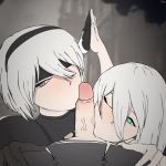  1boy 2girls animated bangs blindfold blue_eyes erection fellatio gloves green_eyes hair_between_eyes hairband hand_holding heart heart-shaped_pupils long_hair looking_at_viewer multiple_girls nier_(series) nier_automata one_eye_closed one_eye_covered oral penis pov short_hair silver_hair symbol-shaped_pupils tvcomrade yorha_no._2_type_b yorha_no._9_type_s yorha_type_a_no._2 