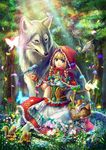  absurdres bad_id bad_pixiv_id basket big_bad_wolf_(grimm) blonde_hair blue_eyes blurry bottle braid bread breasts bug butterfly cleavage cleavage_cutout corset depth_of_field flower food fruit grass highres hood insect jar kazunehaka lemon light_particles little_red_riding_hood little_red_riding_hood_(grimm) medium_breasts sitting skirt skirt_set smile squirrel sunlight tree twin_braids wine_bottle wolf wrist_cuffs 