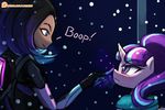  2016 angry blue_eyes blush boop crossover duo english_text equine eye_contact female feral friendship_is_magic glare hair horn human lipstick long_hair lumineko makeup mammal multicolored_hair my_little_pony overwatch patreon purple_eyes scarf sombra_(overwatch) starlight_glimmer_(mlp) text two_tone_hair unicorn video_games 