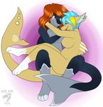  anthro breasts duo featureless_breasts female female/female fish furgonomics furry-specific_piercing hair hug jackiejackal marine nude open_mouth piercing shark slightly_chubby smile tail_piercing 