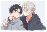  bad_id bad_pixiv_id black_hair blue-framed_eyewear blue_eyes blush brown_eyes glasses hair_over_one_eye hand_on_another's_face jacket kasuga_souichi katsuki_yuuri male_focus multiple_boys open_mouth silver_hair smile upper_body viktor_nikiforov yaoi yuri!!!_on_ice 