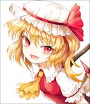  :d ascot blonde_hair dated fang flandre_scarlet jaebau looking_at_viewer open_mouth puffy_sleeves red_eyes short_hair short_sleeves side_ponytail simple_background smile solo touhou white_background wings 