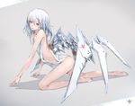  bare_arms bare_legs bare_shoulders barefoot breasts from_side full_body kneeling long_hair long_legs looking_at_viewer looking_to_the_side mecha_musume mechanical_legs multicolored_hair neco original red_eyes red_hair shirt silver_hair small_breasts solo streaked_hair tank_top white_shirt 