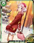  bow card_(medium) christmas_tree hair_bow holding lisbeth looking_at_viewer official_art outdoors pink_eyes pink_hair red_bow scarf short_hair skirt snow solo star sword_art_online sword_art_online:_code_register white_skirt 