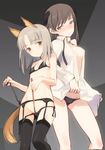  animal_ears black_background black_bra black_legwear black_panties blush bow bowtie bra brave_witches breasts brown_hair cleavage dark_background dog_ears edytha_rossmann flat_chest fox_ears fox_tail garter_belt garters grey_hair height_difference johanna_wiese lingerie looking_at_viewer multiple_girls no_bra open_clothes open_shirt panties pointer seductive_smile shimada_fumikane shirt side-tie_panties simple_background smile tail thighhighs two-tone_background underwear underwear_only undressing untied untied_panties white_shirt world_witches_series 
