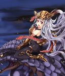  :d animal ass bangs bare_shoulders black_legwear blush bodystocking bone breastplate elbow_gloves fang floating_hair giant_snake gloves gorgon granblue_fantasy hair_between_eyes headpiece lavender_hair long_hair looking_at_viewer medusa_(shingeki_no_bahamut) medusiana night open_mouth oversized_animal pantyhose pink_eyes pointy_ears red_gloves riding scales shingeki_no_bahamut smile snake_hair solo v-shaped_eyebrows very_long_hair yabu_q 