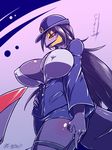  big_breasts breasts clothed clothing day-t fangs female hair nintendo pok&eacute;mon police purple_background purple_hair purple_skin red_eyes reptile scalie seviper simple_background smile snake solo uniform video_games 