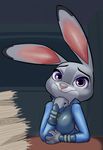  2016 anthro clothed clothing disney female fur grey_fur inside judy_hopps lagomorph looking_at_viewer mammal paper pink_nose police purple_eyes rabbit saran-rape sitting solo white_fur zootopia 