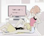  2girls between_legs black_shirt blonde_hair brown_hair commentary_request fan fanning_face hageshii_nakano hair_ornament hair_scrunchie hand_between_legs high_ponytail holding holding_fan indoors lowres lying multiple_girls original paper_fan pink_shirt rug scrunchie shirt shorts sitting skirt tank_top television translation_request white_shorts yellow_scrunchie yellow_skirt 