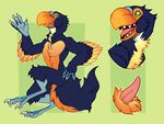  anthro avian beak bird blue_feathers blue_fur claws digitigrade dinosaur feathers fur green_eyes happy lucaloo male model_sheet open_mouth penis raptor smile tapering_penis teeth terrorbird theropod tongue toucan two_tone 