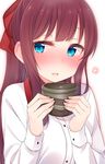  :o bad_id bad_pixiv_id blue_eyes blush cup fingernails holding holding_cup long_hair long_sleeves looking_at_viewer nekoume new_game! nose_blush open_mouth ponytail purple_hair shirt sidelocks solo takimoto_hifumi upper_body white_background yunomi 