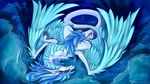  16:9 2015 blue_hair claws cyan_feathers cyan_scales dragon eyelashes feathered_dragon feathered_wings feathers female feral fur green_eyes hair hi_res horn lying nude oksara on_back scales scalie solo tail_tuft tuft white_scales wings 