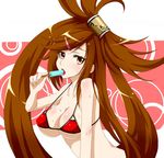  adapted_costume bangs bare_shoulders bikini blush breasts brown_hair can chukachuka cleavage collarbone eating food food_on_body from_side guilty_gear hair_ornament hairclip half_updo hand_up holding kuradoberi_jam large_breasts leaning_forward licking long_hair looking_at_viewer micro_bikini open_mouth orange_eyes perky_breasts pink_background popsicle red_bikini sideboob sidelocks solo strap_gap string_bikini sweat swept_bangs swimsuit tongue tongue_out underboob upper_body very_long_hair white_background 