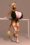  3d_(artwork) annabelle_cow anthro anthroanim big_breasts blonde_hair bovine breasts cattle cleavage clothed clothing cowbell digital_media_(artwork) female fur hair horn huge_breasts looking_at_viewer mammal open_mouth simple_background smile solo 