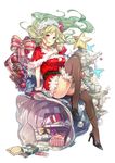 artist_request belt breasts christmas_wreath cleavage floating_hair full_body fur_trim gift gloves green_hair highres holding large_breasts long_hair looking_at_viewer official_art open_mouth pumps red_gloves sack santa_costume simple_background solo thighhighs white_background youkai_hyakki-tan! 
