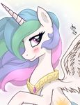  2011 blush feathers friendship_is_magic fur hair horn jewelry joakaha multicolored_hair my_little_pony princess_celestia_(mlp) purple_eyes royalty smile white_feathers white_fur 