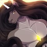  2015 amber_eyes anthro black_hair cel_shading digital_media_(artwork) equine eyebrows front_view fur glowing grey_fur hair horn jewelry lapres long_hair looking_at_viewer male mammal muscular muscular_male necklace nude pecs pendant reklaw signature solo unicorn white_horn 