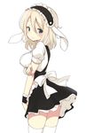  alternate_costume animal_ears aoyama_blue_mountain apron blonde_hair blue_eyes blush bow breasts bunny_ears cowboy_shot eyebrows eyebrows_visible_through_hair fleur_de_lapin_uniform frilled_skirt frills gochuumon_wa_usagi_desu_ka? hair_between_eyes hairband headdress highres itamochi large_breasts looking_at_viewer puffy_short_sleeves puffy_sleeves shirt short_sleeves simple_background skirt skirt_lift solo thighhighs waist_apron waitress white_background white_bow white_legwear white_shirt wrist_cuffs zettai_ryouiki 