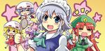  apron blonde_hair closed_eyes colonel_aki commentary flandre_scarlet hong_meiling izayoi_sakuya lavender_hair long_hair maid maid_apron maid_headdress multiple_girls one_eye_closed open_mouth patchouli_knowledge purple_hair red_hair remilia_scarlet short_hair silver_hair smile star thumbs_up touhou 