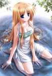  absurdres barefoot blonde_hair blue_eyes breasts cleavage copyright_request dress highres long_hair medium_breasts sakaki_maki sitting solo submerged sundress very_long_hair wariza water wet wet_clothes 