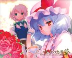  absurdres aqua_eyes blue_hair braid choker cup flower gayarou hat highres holding izayoi_sakuya maid multiple_girls red_flower red_rose remilia_scarlet ribbon_choker rose scan short_hair silver_hair smile teacup touhou tray twin_braids v_arms 