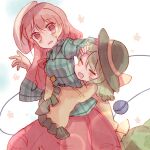  2girls aqua_shirt bangs black_headwear blush bubble_skirt closed_eyes collared_shirt eyeball eyebrows_visible_through_hair floral_print frilled_shirt_collar frilled_sleeves frills green_hair green_skirt hat hat_ribbon hata_no_kokoro hug hug_from_behind komeiji_koishi long_hair long_sleeves mask multiple_girls open_mouth pink_hair pink_skirt plaid plaid_shirt ribbon shirt skirt sleeves_past_fingers sleeves_past_wrists sorani_(kaeru0768) sweatdrop third_eye touhou wavy_hair white_background wide_sleeves yellow_ribbon yellow_shirt 