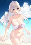  1girl bangs bare_shoulders beach bikini blue_eyes blue_sky blush breasts cleavage collarbone commentary_request earrings elf highres jewelry large_breasts long_hair looking_at_viewer navel original pointy_ears shore silver_hair sino42 sky smile solo swimsuit thighs tongue tongue_out white_hair 