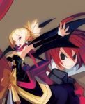  adell adell_(disgaea) bat_wings blonde_hair blush blushing demon disgaea dress elf long_hair pointy_ears red_eyes red_hair rozalin wings 