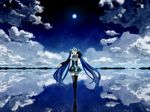  aqua_hair blue_hair bob_(biyonbiyon) closed_eyes cloud detached_sleeves faux_traditional_media full_moon hand_on_ear hatsune_miku highres long_hair moon necktie night open_mouth outstretched_arm reflection skirt sky solo standing thighhighs twintails very_long_hair vocaloid walking walking_on_liquid wallpaper water zettai_ryouiki 