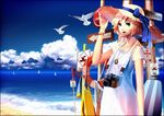  bad_id bad_pixiv_id beach bird blonde_hair blue_eyes boat bow camera cloud copyright_request day dress hand_on_headwear hat looking_at_viewer ocean outdoors sand short_hair sign siro sky solo straw_hat sundress watch watercraft wristwatch 