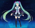  aqua_hair closed_eyes detached_sleeves hatsune_miku headphones legs long_hair necktie shinia solo thighhighs twintails very_long_hair vocaloid 