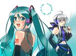  caffein cigarette detached_sleeves green_eyes green_hair hatsune_miku long_hair multiple_girls red_eyes ribbon silver_hair smile smoking tattoo twintails very_long_hair vocaloid voyakiloid yowane_haku 