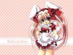  animal_ears blue_eyes bow bowtie bunny_ears di_gi_charat frills gathers hair_bow hand_on_hip headdress highres koge_donbo large_bow long_hair non-web_source open_mouth solo usada_hikaru v very_long_hair wallpaper 