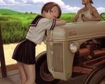  1boy 1girl brown_eyes brown_hair cigarette cloud ford looking_at_viewer looking_back meadow miniskirt murata_renji outdoors pleated_skirt range_murata school_uniform seifuku serafuku short_hair skirt sky smile tattoo tractor 