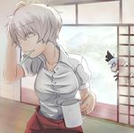  alternate_hairstyle bad_id bad_pixiv_id colored_eyelashes cup dress_shirt eyelashes fujiwara_no_mokou hand_on_head kamishirasawa_keine konpaku_youmu mug multiple_girls peeking_out sakurai_energy shirt short_hair touhou when_you_see_it 