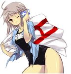  black_school_swimsuit can can_to_cheek grey_hair nagato_yuki name_tag no_pants one-piece_swimsuit one_eye_closed open_clothes open_shirt school_swimsuit shirt short_hair solo suzumiya_haruhi_no_yuuutsu swimsuit swimsuit_under_clothes yuutarou 