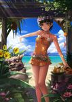  bangs beach bird black_hair blunt_bangs bug butterfly casual_one-piece_swimsuit cloud day dress fishing_line fishing_lure flower food fruit hair_flower hair_ornament head_wreath hibiscus insect komainu light_rays ocean one-piece_swimsuit outdoors outstretched_arms saber_01 shade short_hair sky smile solo spread_arms statue sunbeam sunflower sunlight swimsuit to_aru_kagaku_no_railgun to_aru_majutsu_no_index uiharu_kazari wet yellow_eyes 