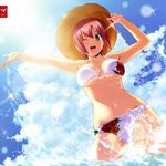  absurdres artist_request bikini blush breasts cleavage cloud day floral_print green_eyes hat highres large_breasts one_eye_closed pink_hair print_bikini rio_rollins short_hair sky solo splashing straw_hat super_blackjack swimsuit underboob wading water 