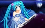  aqua_hair blue_eyes bridal_gauntlets dress flower gown hair_flower hair_ornament hatsune_miku highres instrument long_hair piano solo strapless strapless_dress twintails ushas very_long_hair vocaloid 