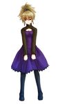  alternate_hair_color blonde_hair brown_eyes cleavage_cutout darker_than_black dress full_body kara_(color) long_sleeves looking_at_viewer ponytail purple_dress purple_skirt shaded_face skirt solo standing thighhighs yin 