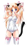  animal_ears breasts cat_ears hair_ribbon kamiya_tomoe large_breasts one-piece_swimsuit open_mouth original ribbon school_swimsuit solo swimsuit thighhighs twintails white_school_swimsuit white_swimsuit 