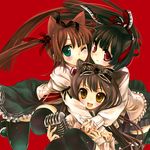  amber_eyes animal_ears black_hair bow brown_hair cat_ears cradle green_eyes long_hair lowres microphone necktie nekomimi pony_tail ponytail red_eyes shirt skirt thigh_highs thighhighs tie twin_tails twintails uniform white_shirt yellow_eyes 