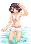  armpits bikini black_hair blue_eyes blush flat_chest flower hair_ornament hairclip hands happy inou_shin original short_hair smile solo swimsuit tankini wet 